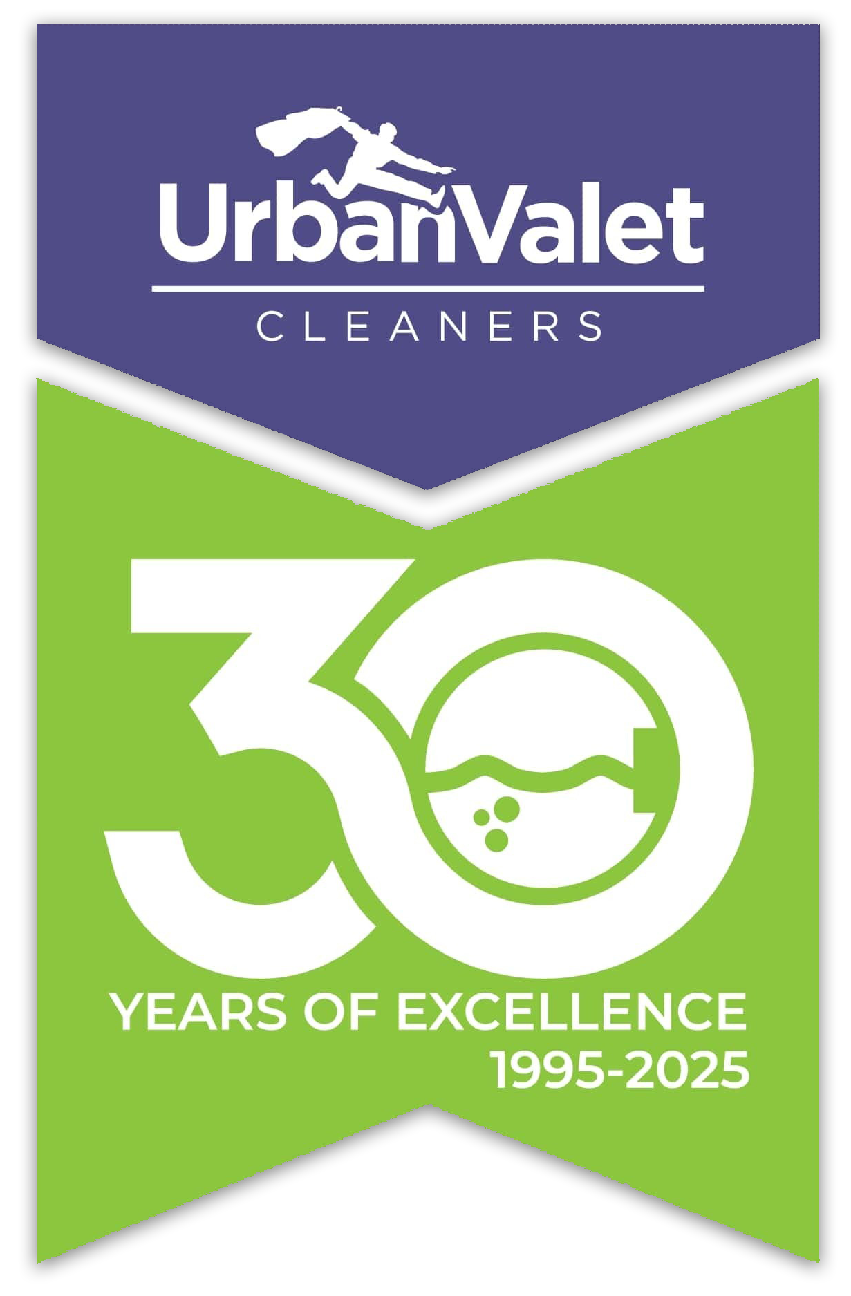 Urban Valet Cleaners 30 Years of Excellence badge, showing years 1995-2025 in white and green with a cleaning-themed logo.