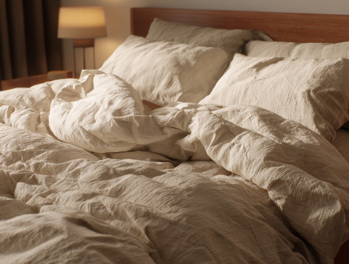 Unmade bed with beige textured bedding, two pillows, and a wooden headboard, with a bedside lamp and curtains visible in the background.