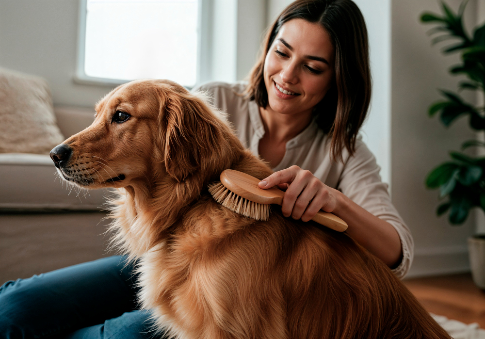 A woman sits on the floor brushing the fur of a golden retriever with a wooden brush in a bright living room.