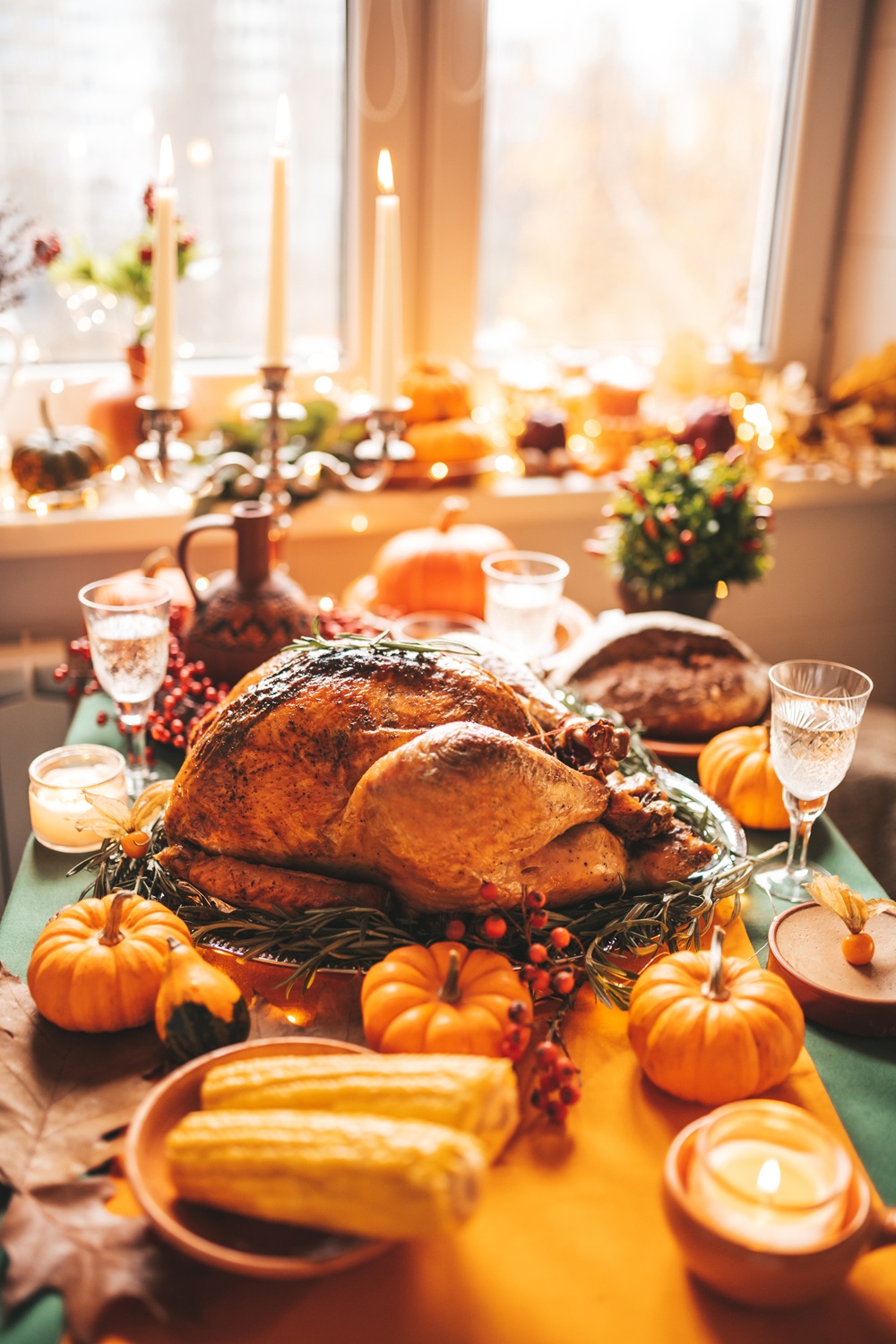 A roasted turkey sits on a decorated table surrounded by pumpkins, corn, candles, and glassware, with autumn-themed decorations in the background.