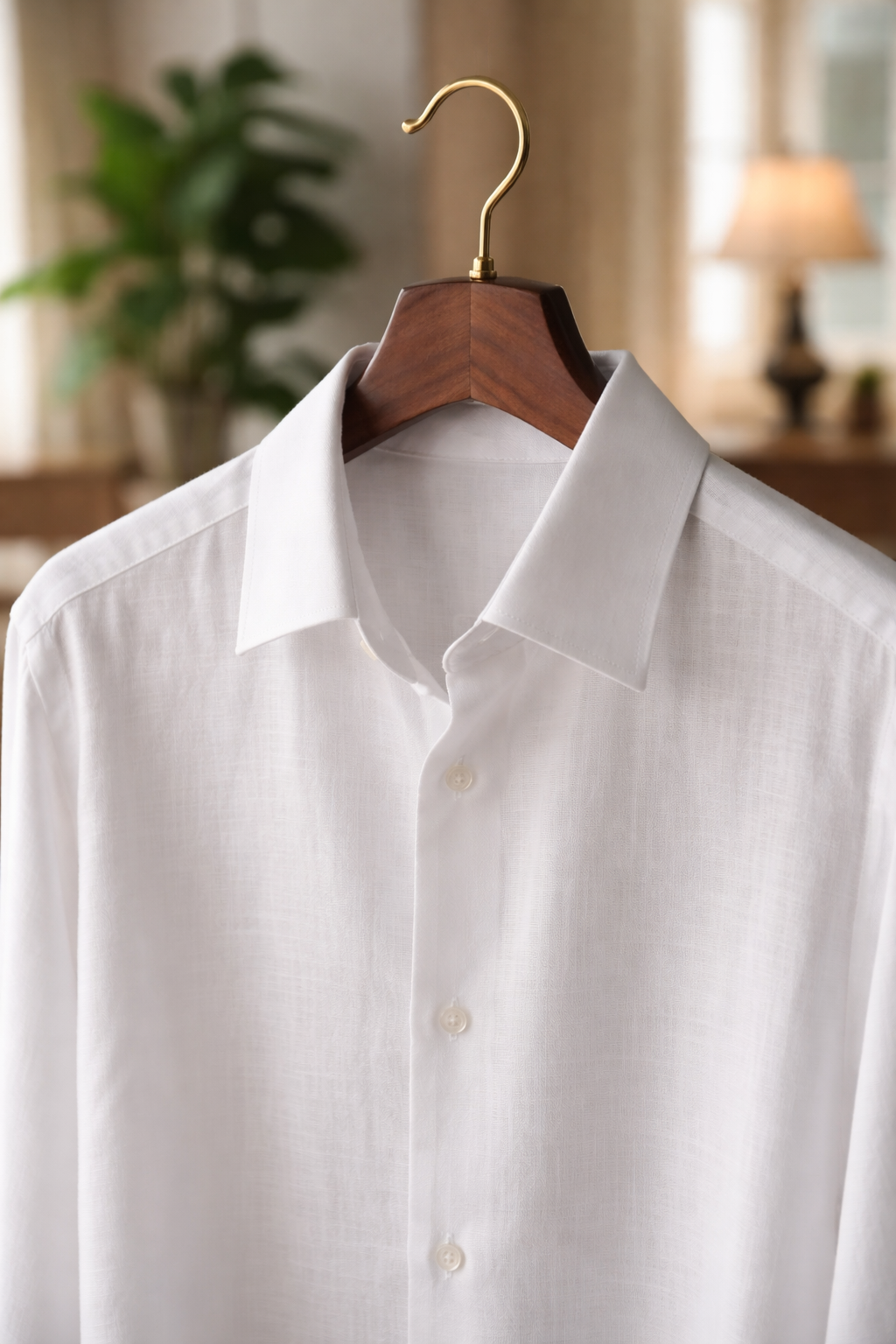A crisp white button-up dress shirt on a wooden hanger, displayed indoors with a blurred background featuring a potted plant and lit lamp—perfectly pressed by a trusted dry cleaner Buffalo NY.