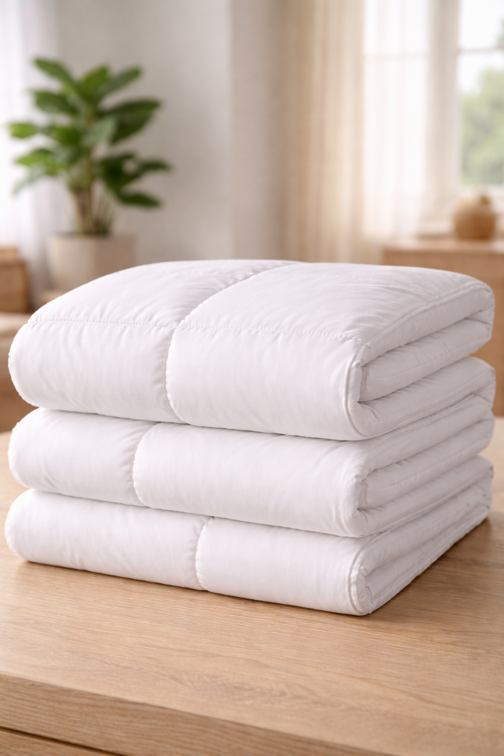 A neatly folded white comforter, fresh from a Wash and fold Buffalo service, rests on a wooden table in a softly lit room with large windows and a potted plant in the background.