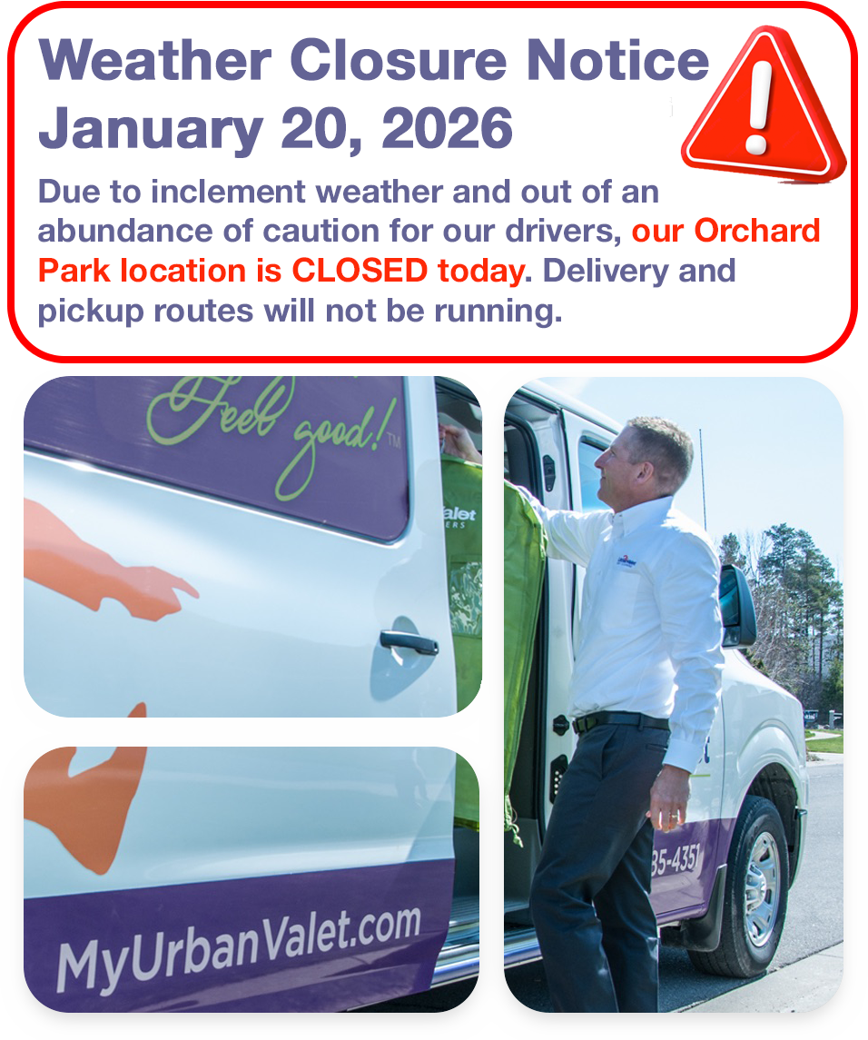 Weather closure notice stating Orchard Park location is closed on January 20, 2026, with a valet driver standing beside a MyUrbanValet.com vehicle.