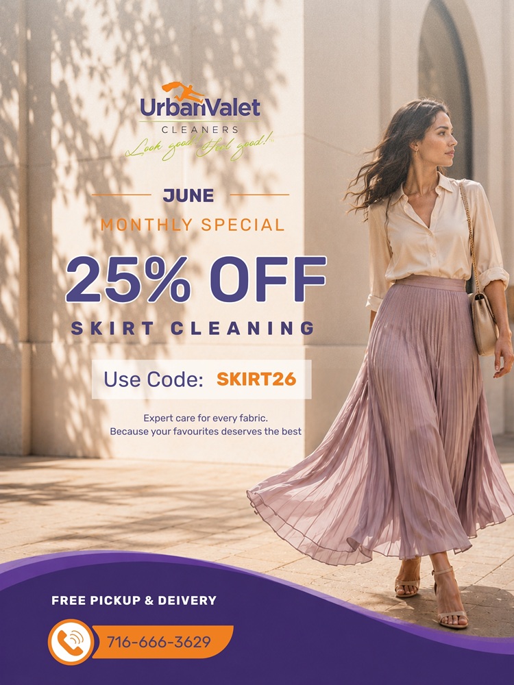 A woman in a light blouse and pleated skirt walks outside. Urban Valet Cleaners offers 25% off skirt cleaning in June with code SKIRT26. Free pickup and delivery is available.