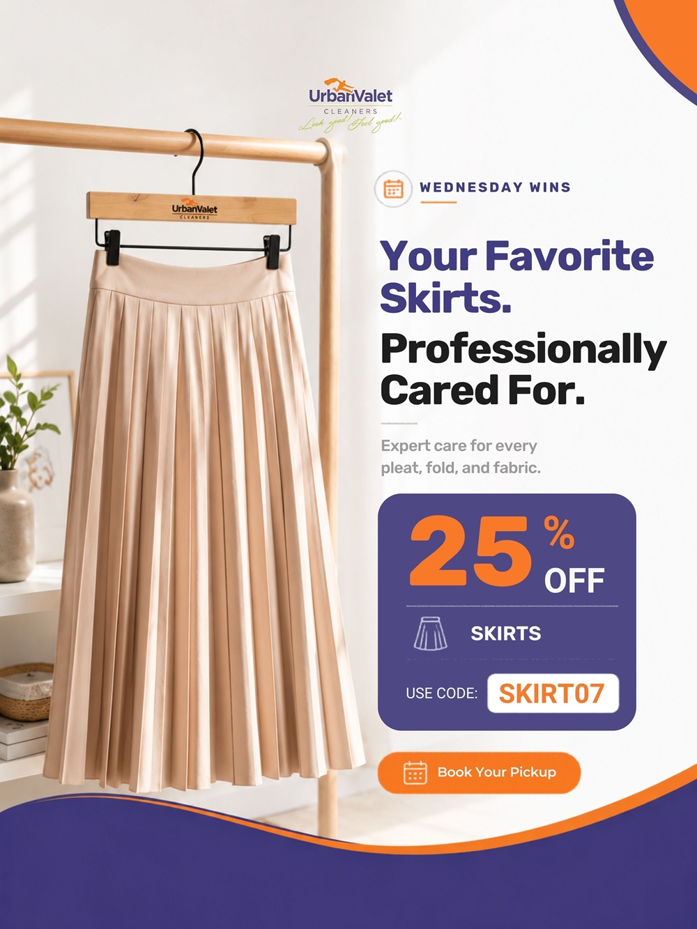 A beige pleated skirt on a hanger with a 25% off offer for skirt cleaning from Urban Valet, featuring a promo code and a "Book Your Pickup" button.
