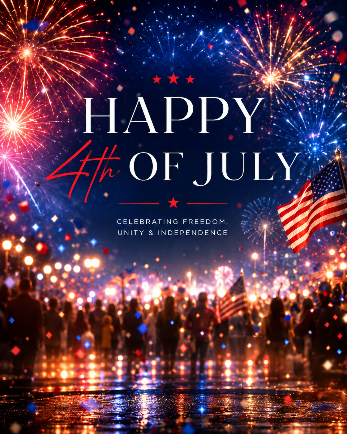 A crowd watches fireworks and holds American flags at night. Text reads, "Happy 4th of July. Celebrating Freedom, Unity & Independence.