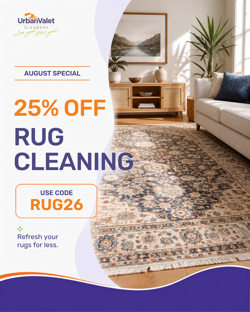Living room with a patterned rug, beige sofa, and plants. Text advertises "25% off rug cleaning" at Urban Valet Cleaners with code RUG26 for an August special.