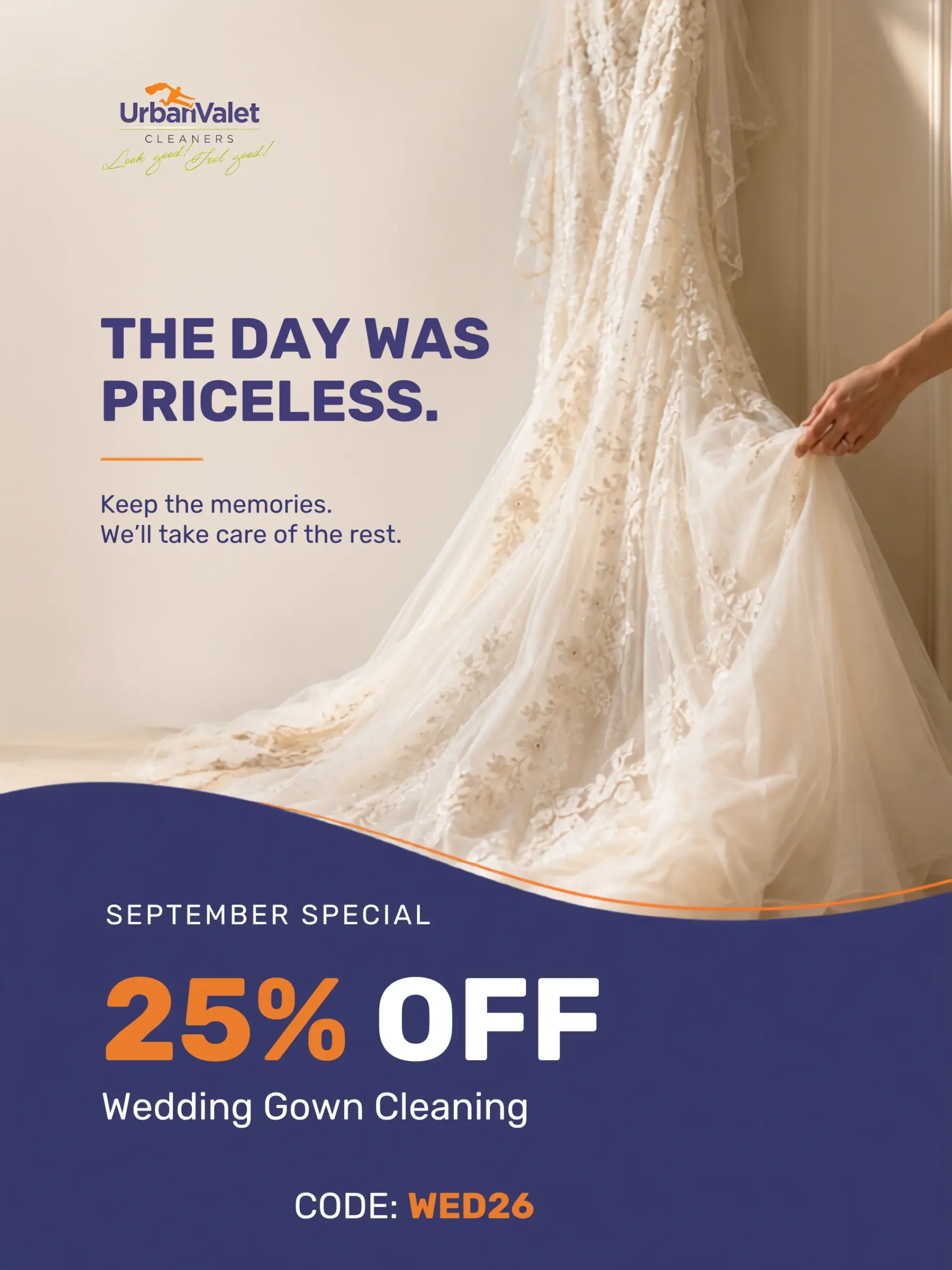 A person holds the train of a lace wedding gown next to a promo for 25% off wedding gown cleaning at Urban Valet Cleaners, with promo code WED26 for a September special.